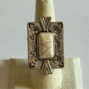 Costume White Howlite Ring Silver Tone Statement Native Inspired Adjustable